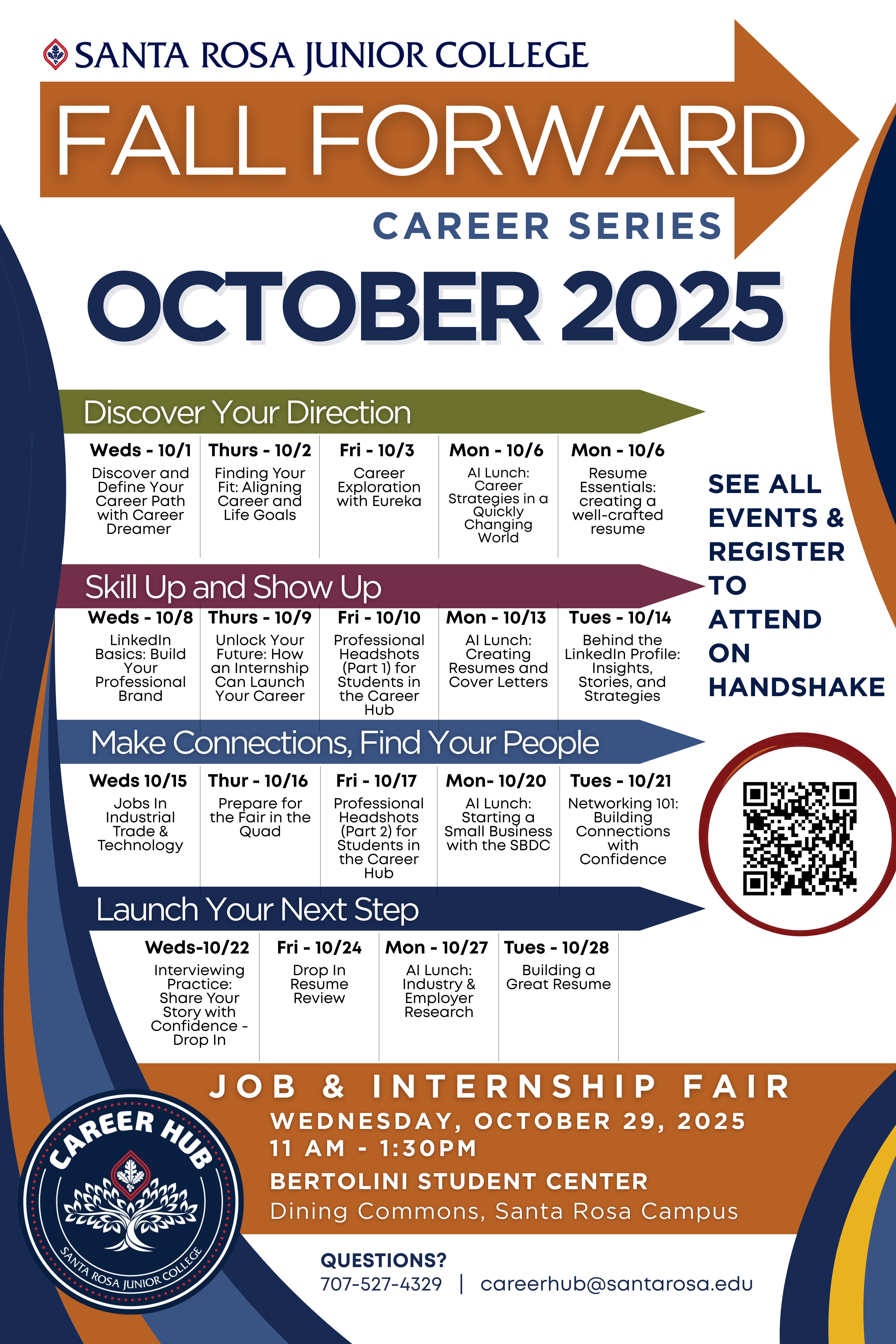Poster with all Fall Forward Career Series events in the month of October. Orange and Blue Swirls framing the calendar of events. Click through to next page to see all details.