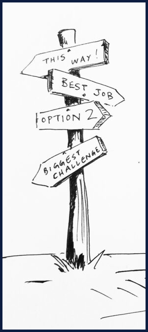 A directional sign with arrows pointing in different directions titled "this way" and "best job" and "option 2" and "biggest challenge"