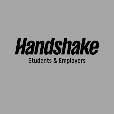 Black lettering Handshake with student & employers below it over a grey background